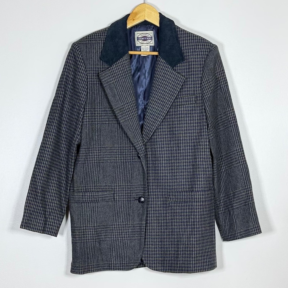 Womens Vintage Wool Blazer S Blue Houndstooth Leather Trim Preppy Equestrian